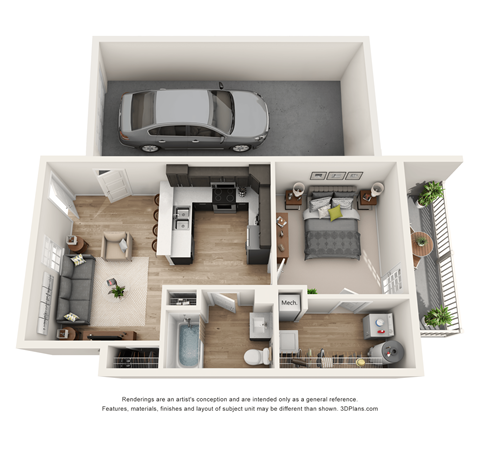 Floor plan for 1 bed, 1 bath, 680 sqft